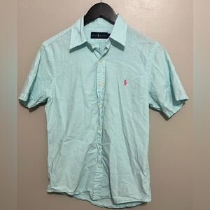 Ralph Lauren Seersucker Short Sleeve Button Down Aqua White Stripe Size S/P